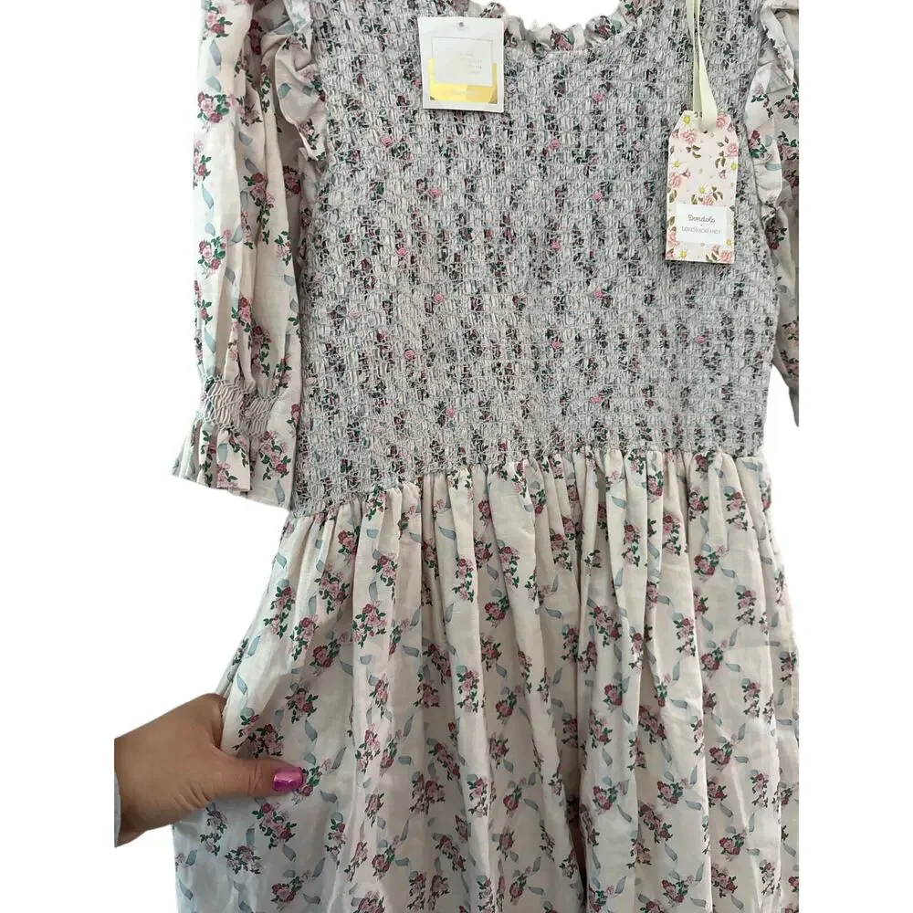 Dondolo x LoveShackFancy Rose Garden Smocked Short Dress Cream Size XXL - Picture 11 of 13